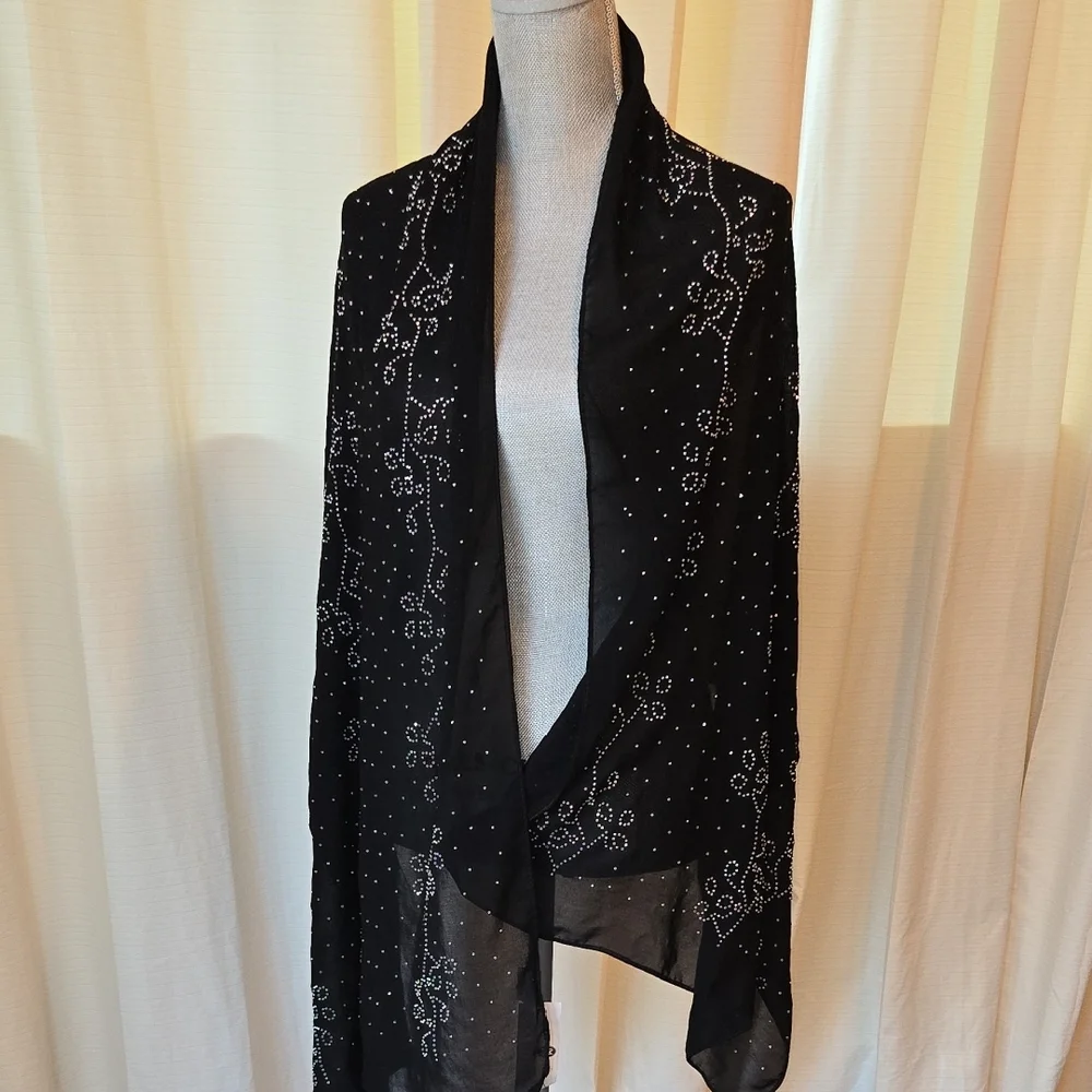 Jessica McClintock Shear Sparkly Black Wrap / Scarf with Embellishments